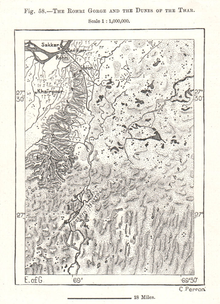 The Rohri Gorge and the Dunes of the Thar. Sukkur. Pakistan. Sketch map 1885